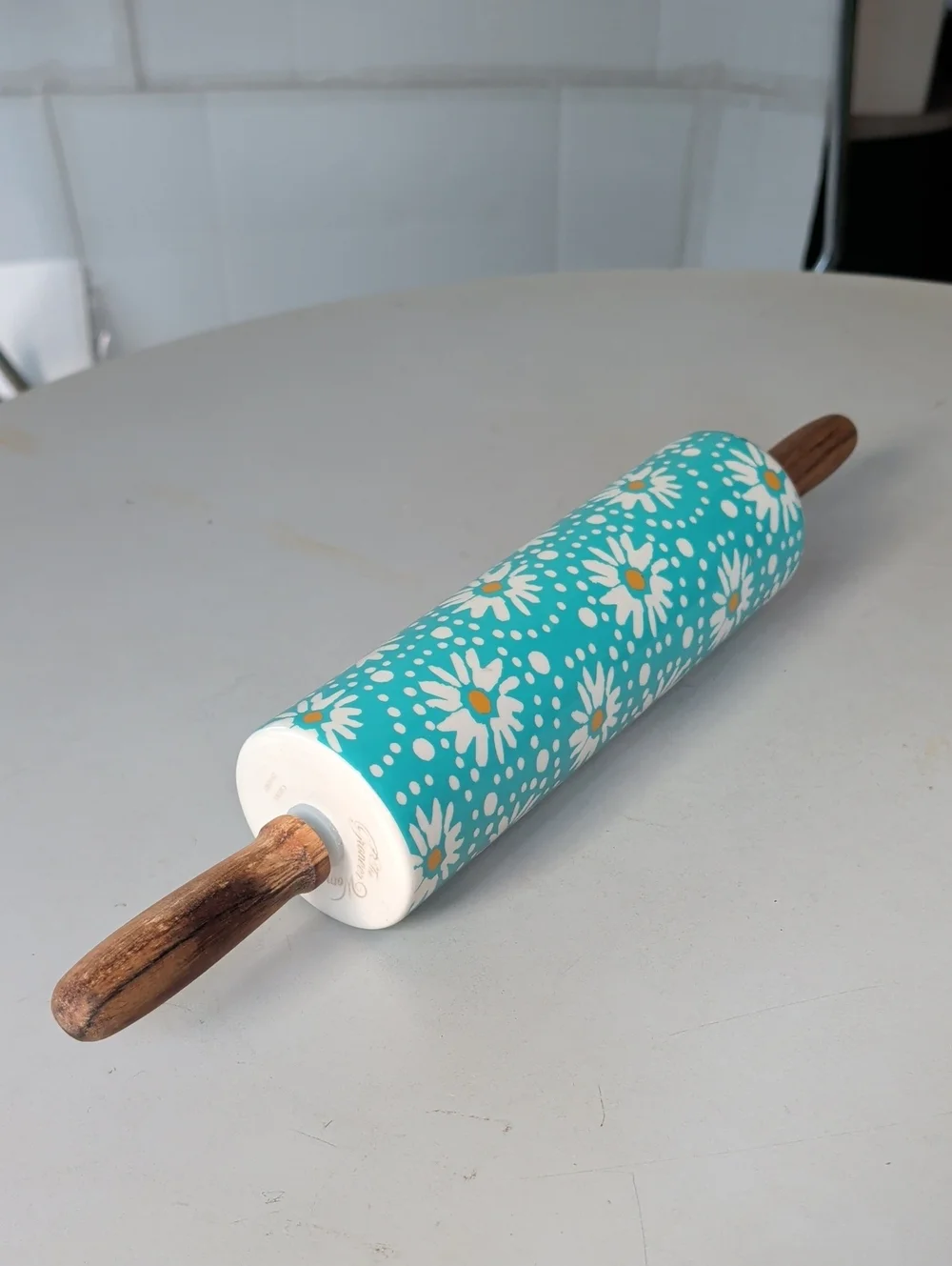 Pioneer Woman Ceramic Flea Market Floral Rolling Pin Wooden Handles Turquoise